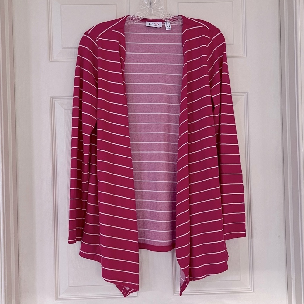 🌸3/$25 Denim & Co Super Soft Draped Front Waterfall Cardigan Pink & White Stripe